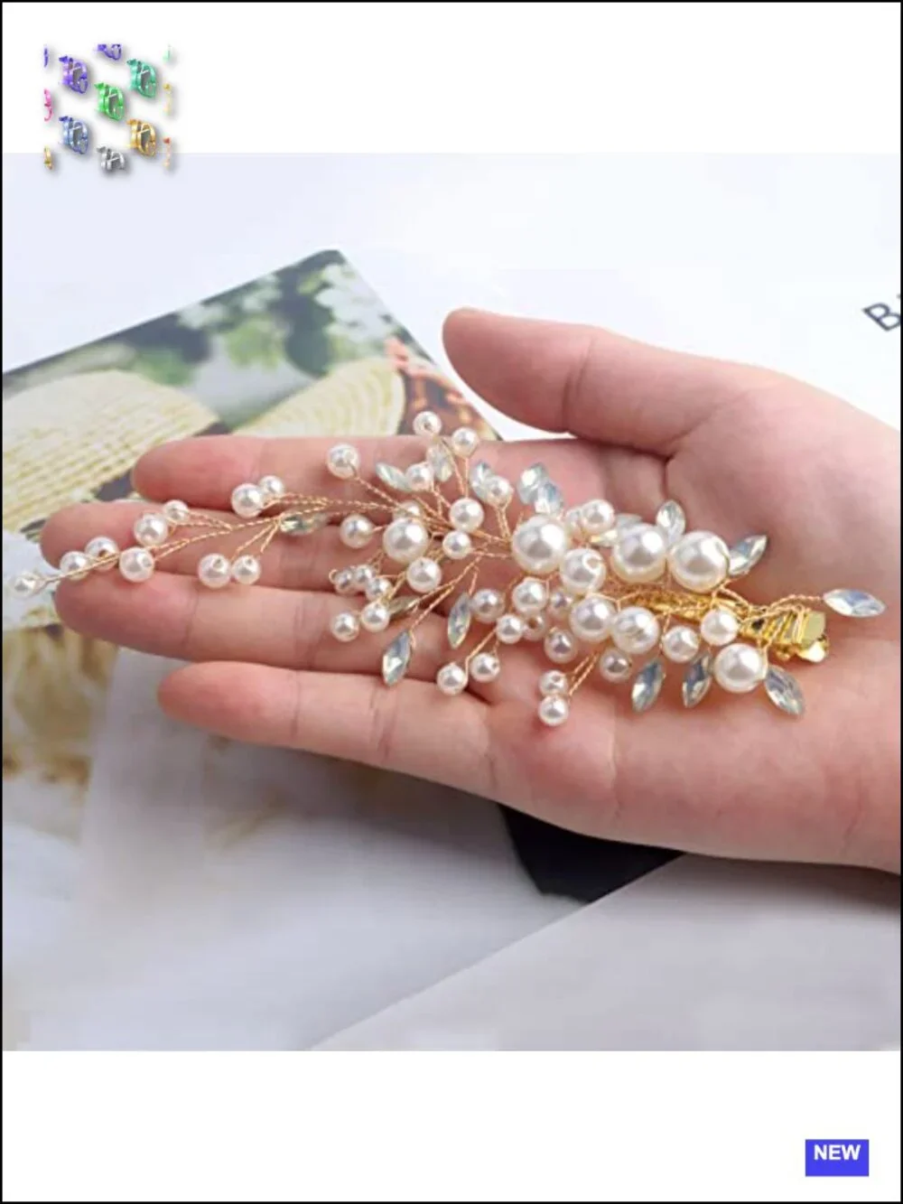 Set of 2 Pearl Rhinestone Alligator Hair Clips - Gold Bendable